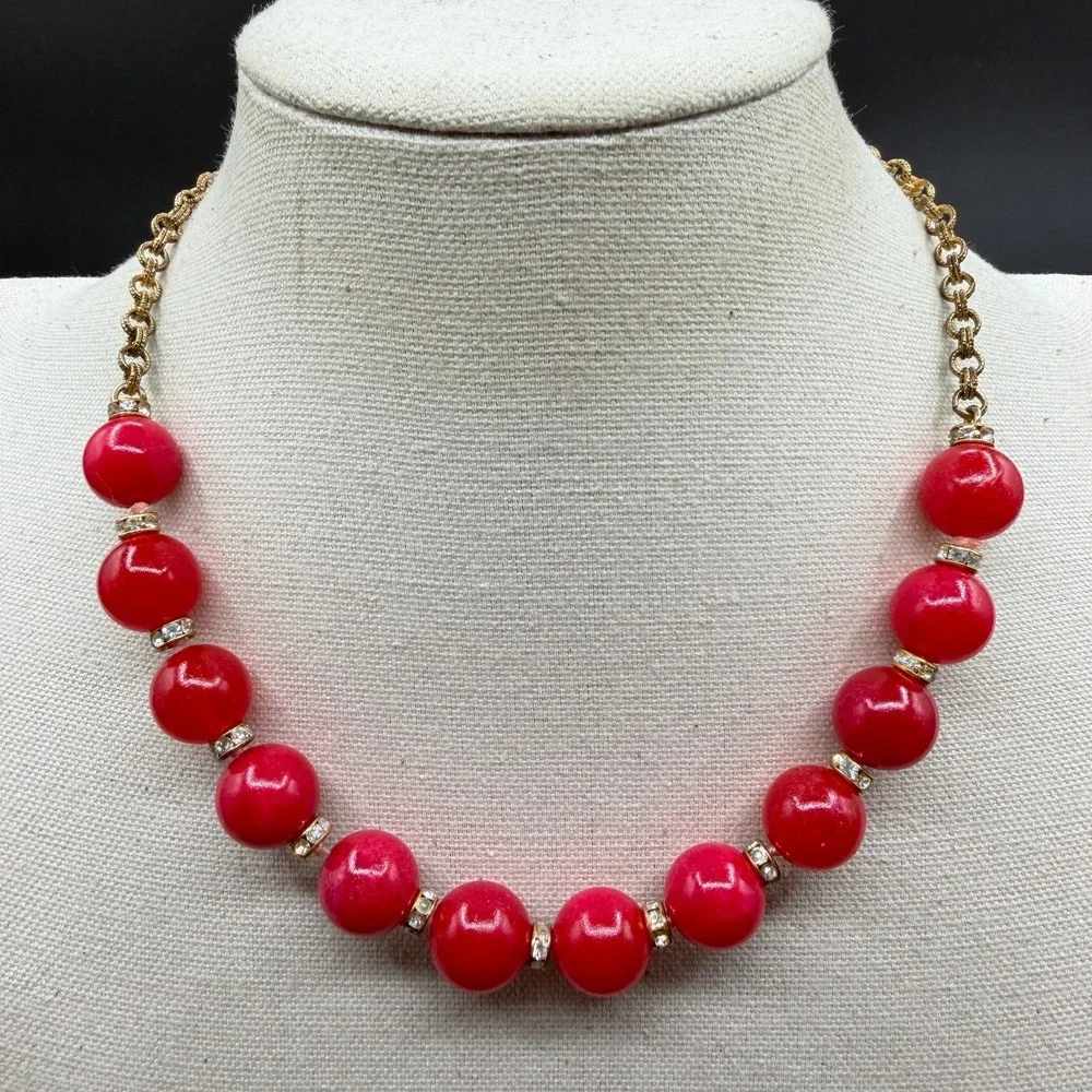 Red Bead Statement Necklace Gold Tone Chain Rhinestone Spacers Chunky Jewelry